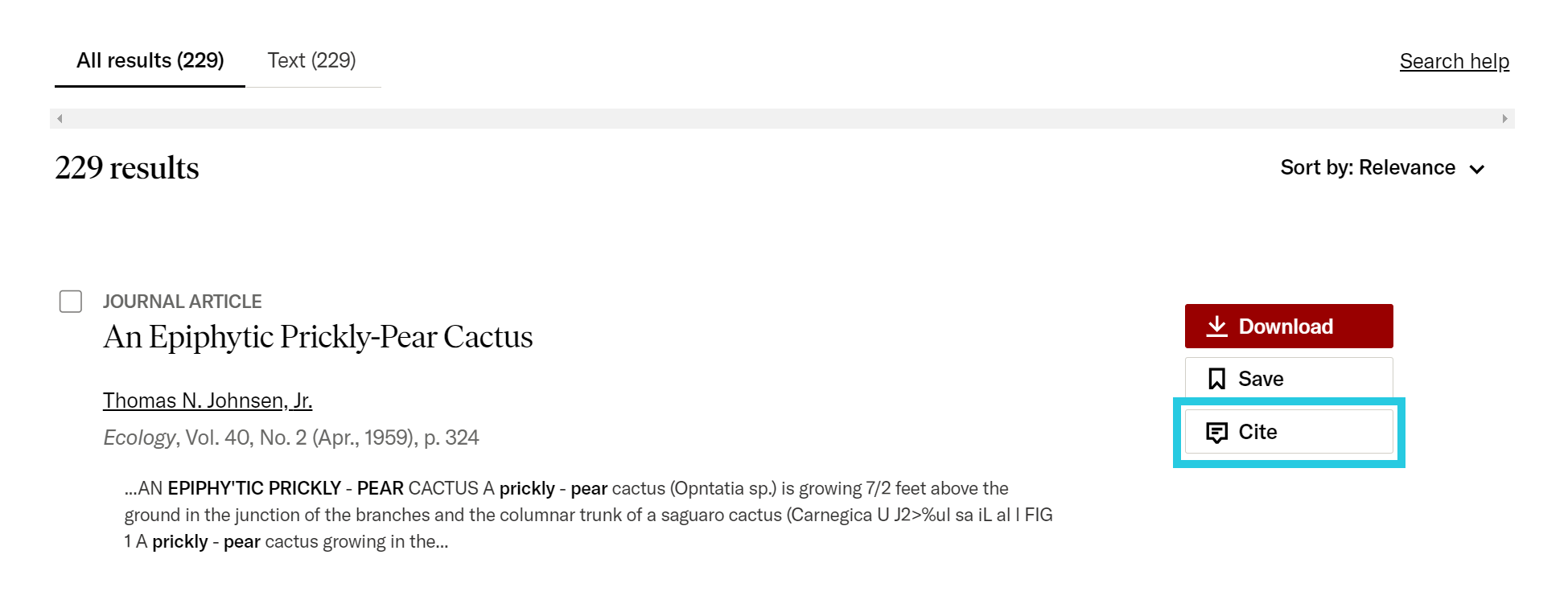 Cite button next to a text item on the search results page