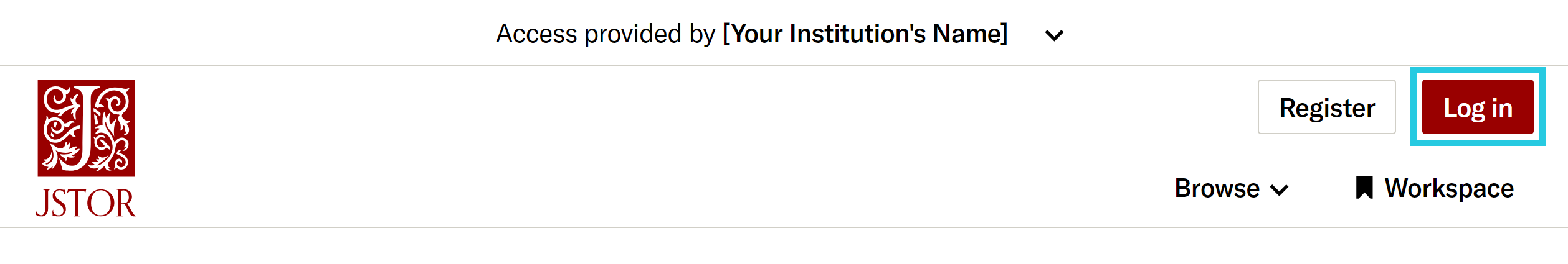 JSTOR header showing user is logged in through their institution but not a personal account