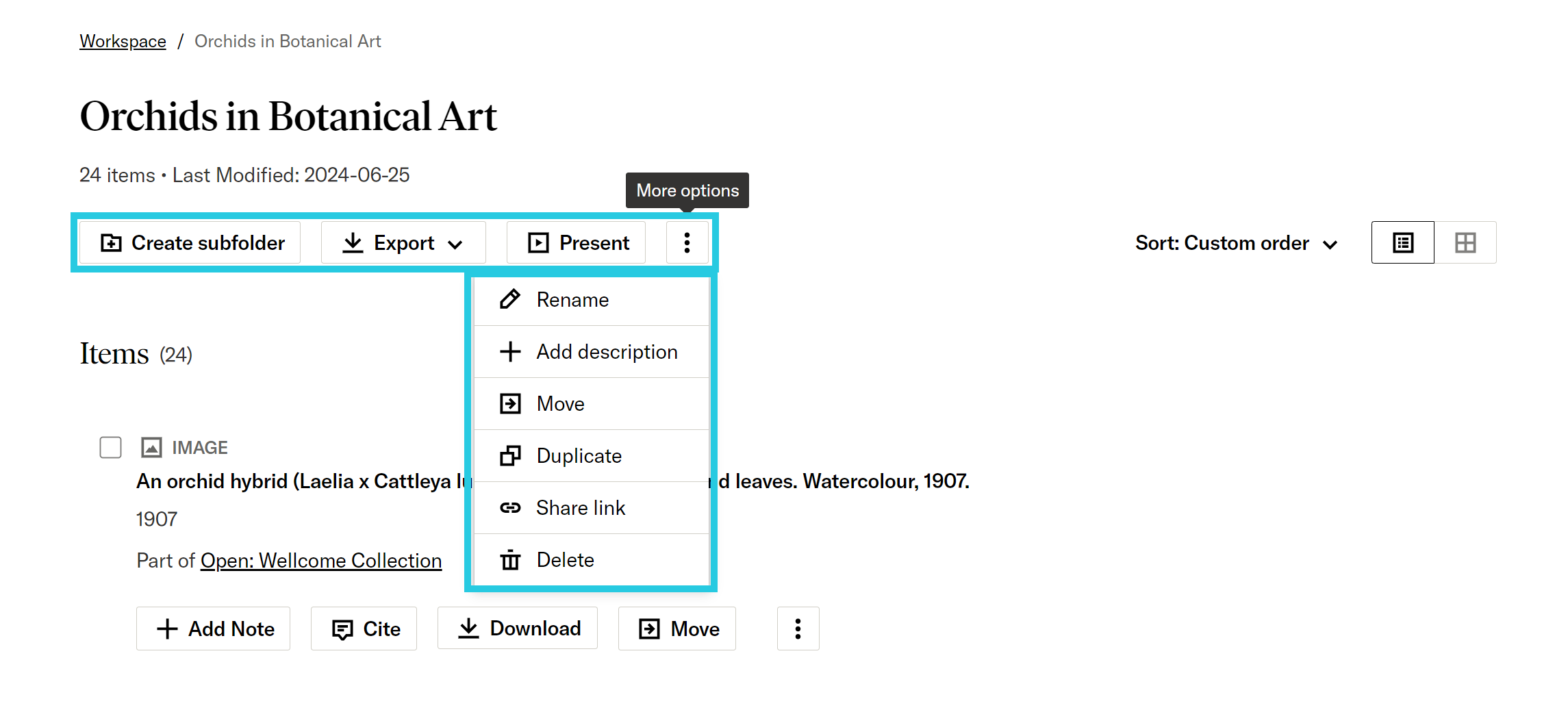 Folder actions buttons and overflow menu following folder name in Workspace