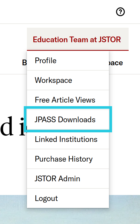 JPASS Downloads option in account drop-down menu