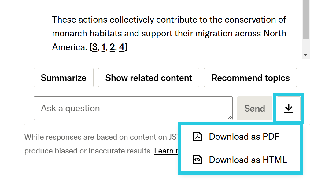 Download conversation button and dropdown menu