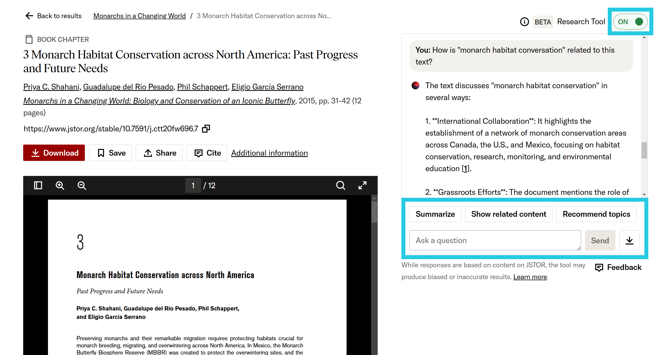 On/Off toggle and prompt buttons for interactive research tool on an item page